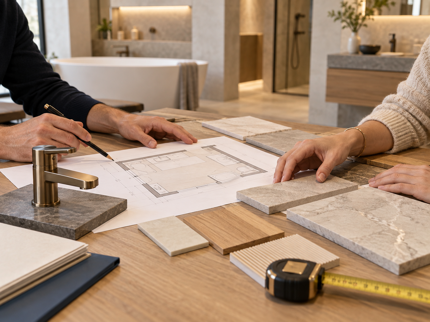Illustratief sfeerbeeld: materiaalstalen en een badkamerplan tijdens een adviesgesprek