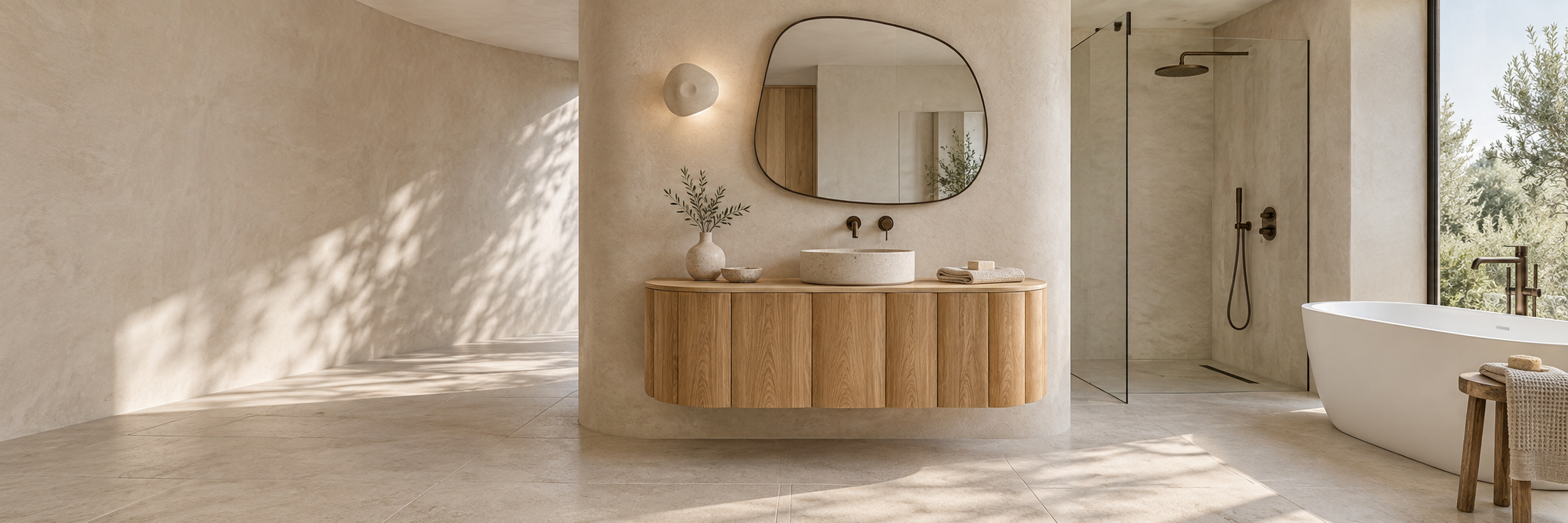 Warme badkamer met houten meubel