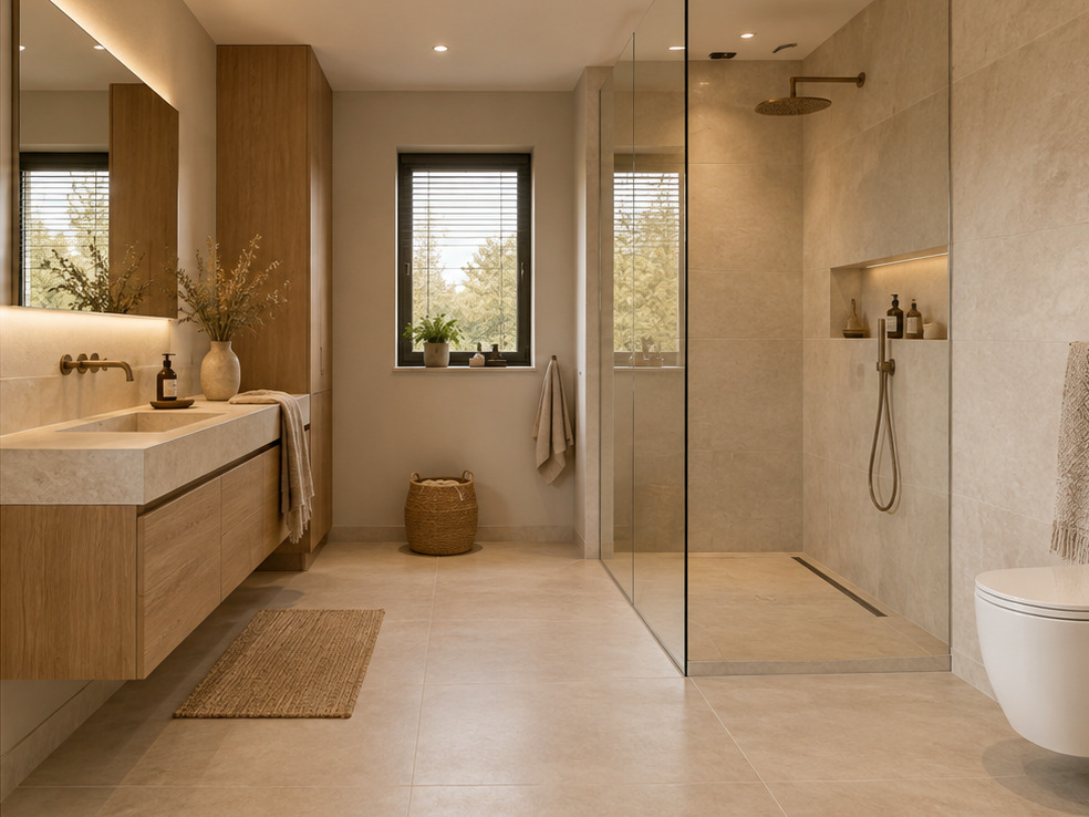 Warme badkamer met houten meubel en glazen douchewand