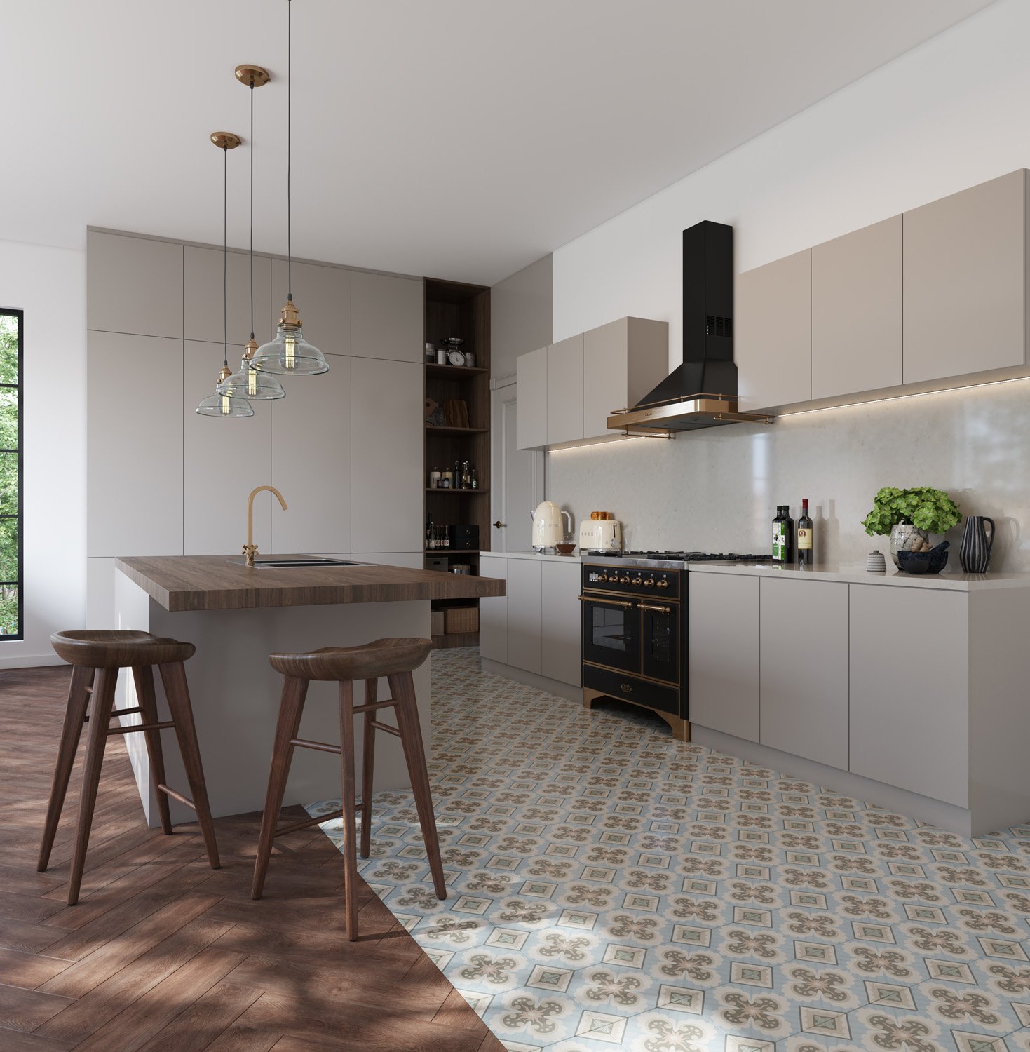 Landhouse Bristol-patroontegels op de vloer van een keuken