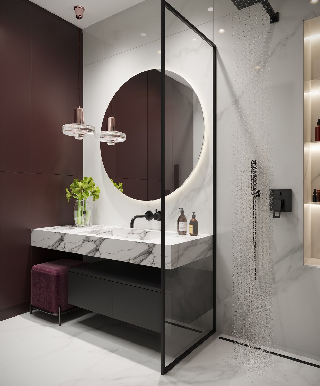 Grote Carrara-marmerlook slabs in een badkamer met inloopdouche