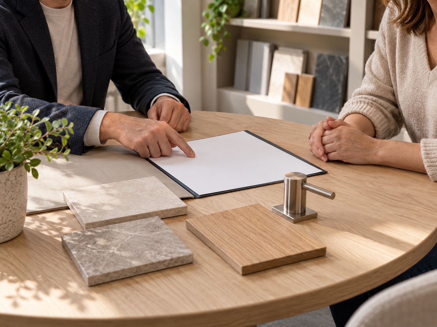 Illustratief sfeerbeeld: Adviesgesprek aan een tafel met materiaalstalen en een blanco offerteblad.