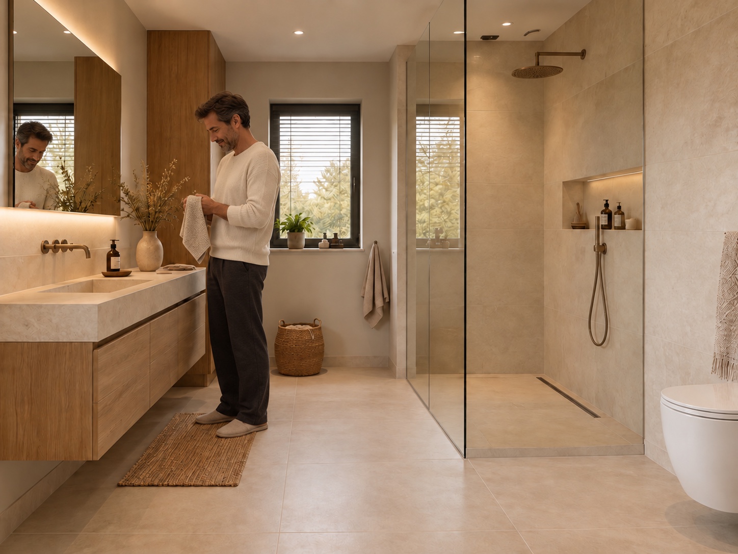 Illustratief sfeerbeeld van een badkamer met een man die zijn handen droogt