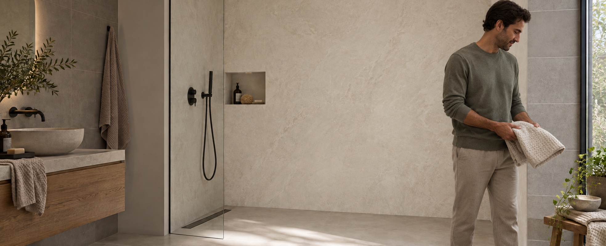 Illustratief sfeerbeeld van spc-wandpanelen met handdoeken klaarleggen naast de douche