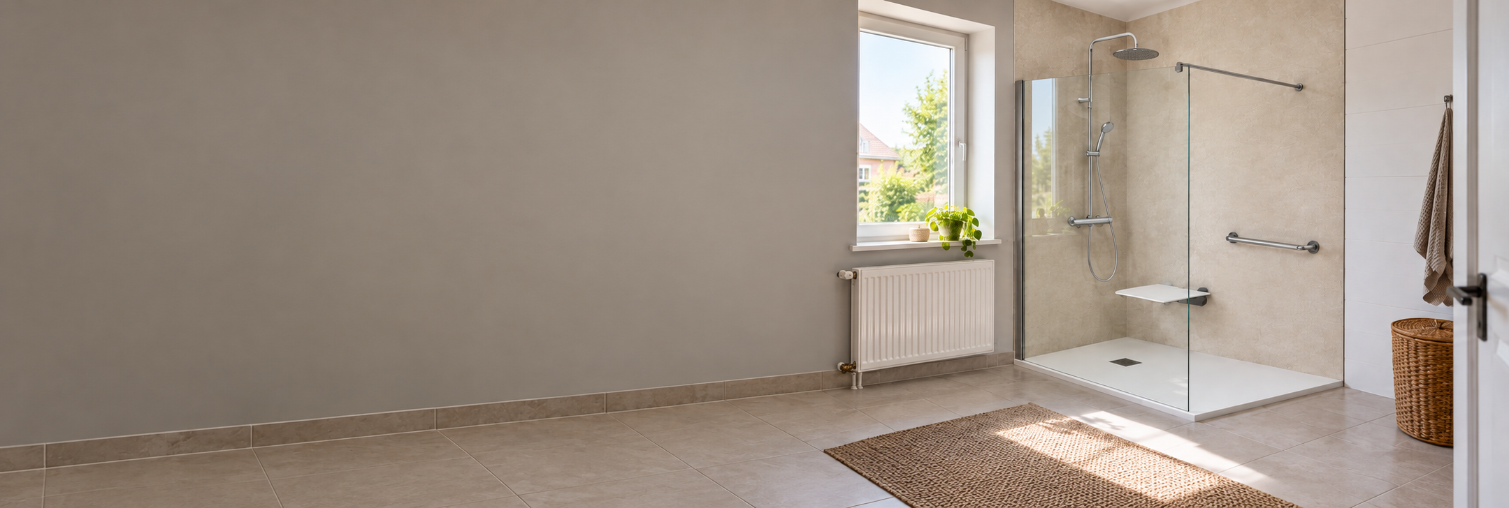 Illustratief beeld van een comfortabele inloopdouche met lichte SPC-wandpanelen in een bestaande badkamer