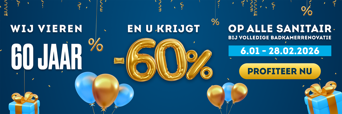 Wij vieren 60 jaar, en u krijgt -60% op alle sanitair!