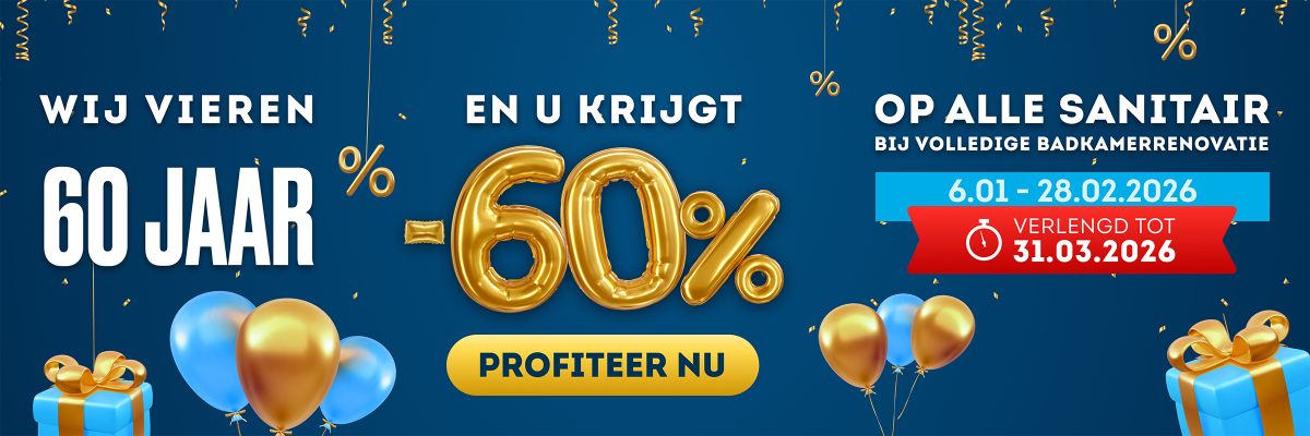 Wij vieren 60 jaar, en u krijgt -60% op alle sanitair!