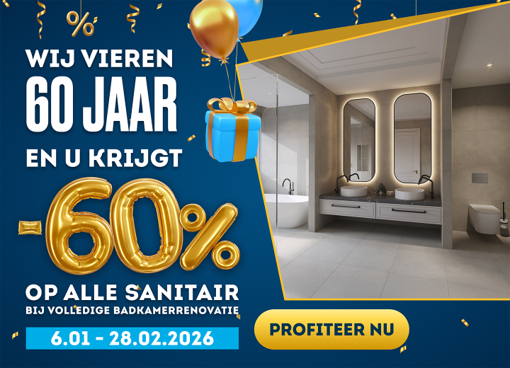 Wij vieren 60 jaar, en u krijgt -60% op alle sanitair!